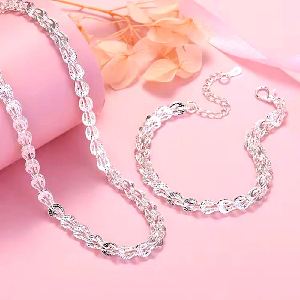 925 Sterling Silver Necklace & Bracelet Set Women's Feathered Teardrop Boho Gift